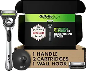 Gillette Labs com barra esfoliante por conjunto de lâminas masculinas, 1 gancho de chuveiro, alça, 2 refis de lâminas, prata e preto, lâminas masculinas
