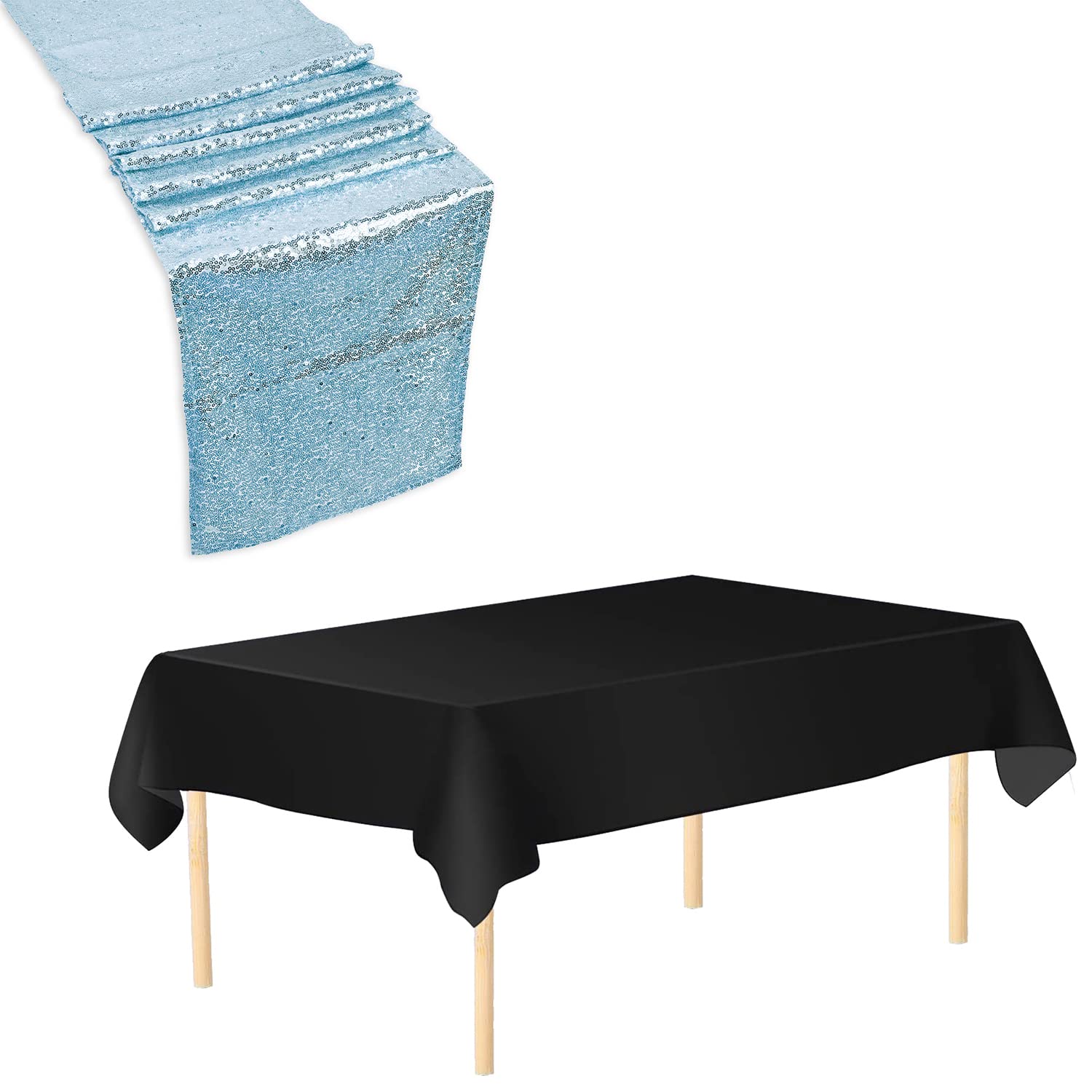 Trimming Shop Black Tablecloth & Baby Blue Sequin Table Runner Set, 2pcs