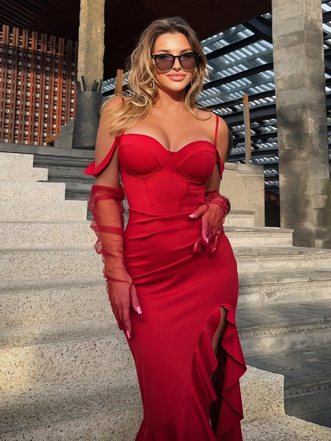 Women's Summer Off The Shoulder Spaghetti Straps Ruffle High Thigh Slit Formal Bodycon Dress with Built-in Bra - Image 3