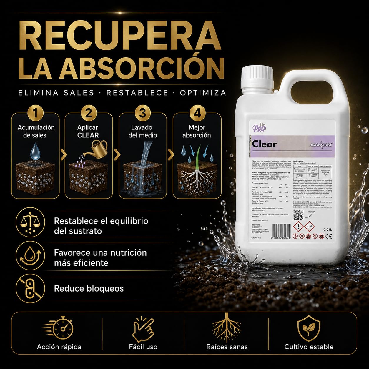 CLEAR 18,92 L – Limpiador de Sales y Sustrato Flush Raíces Limpieza Sistemas Hidropónicos Fertilizante Mantenimiento Cultivo Interior y Exterior - Anarkia81