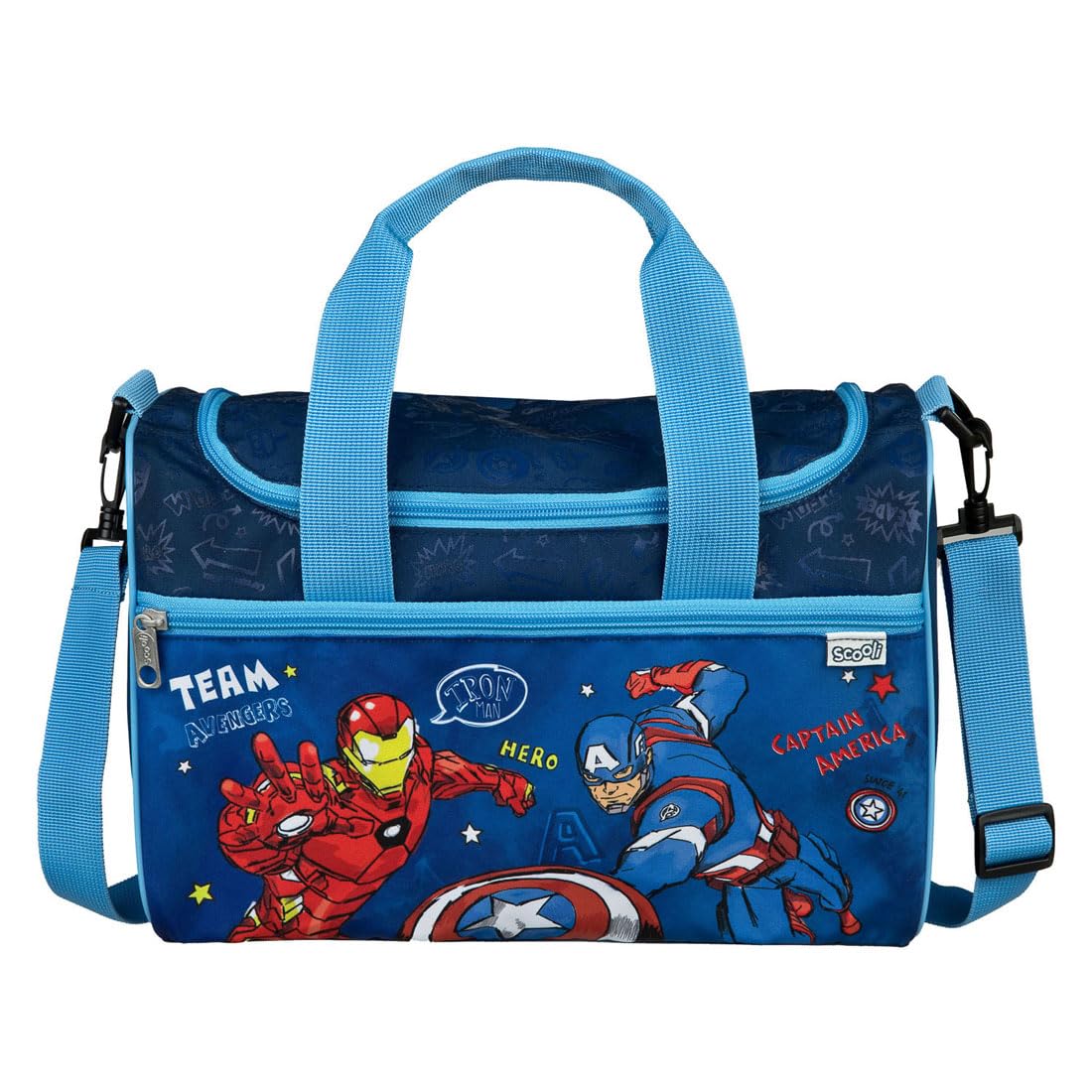 Scooli - Borsa sportiva Marvel Avengers per bambini - Ampio scomparto principale - Tracolla regolabile - Design da supereroe - Resistente