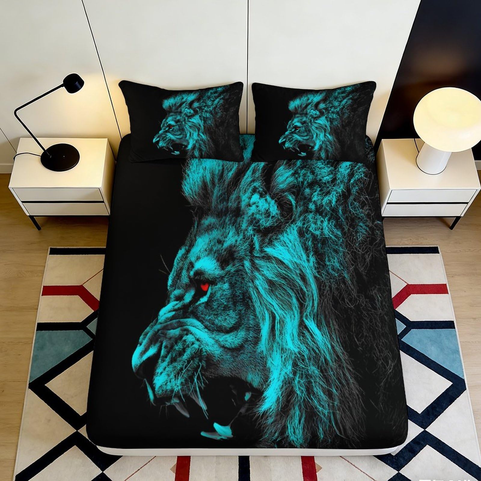 Uxinyoume Style-2 3D Printed Blue Lion Fitted Sheet Microfiber Soft Breathable Wild Animal Bed Cover For Bedroom Dorm Mattress Decor 90X200x25cm