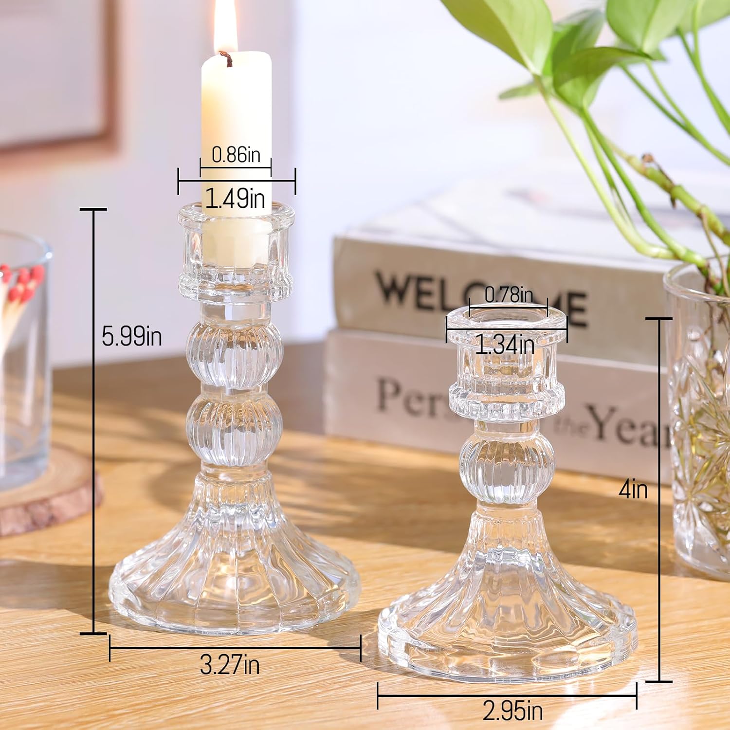 DARJEN 6Pcs Clear Candlestick Holders Set - 4" H & 5" H Striped Taper Candle Holders Bulk, Glass Candle Holders for Wedding, Festival, Party, Table Centerpiece, Gifts