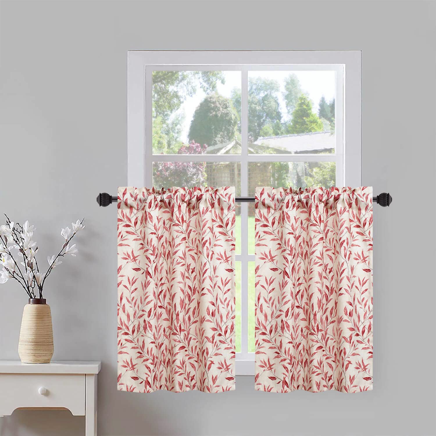 VOGOL Red Leaf Print Tier Curtains, Country Style, 30 x 30, 2 Panels — image 1
