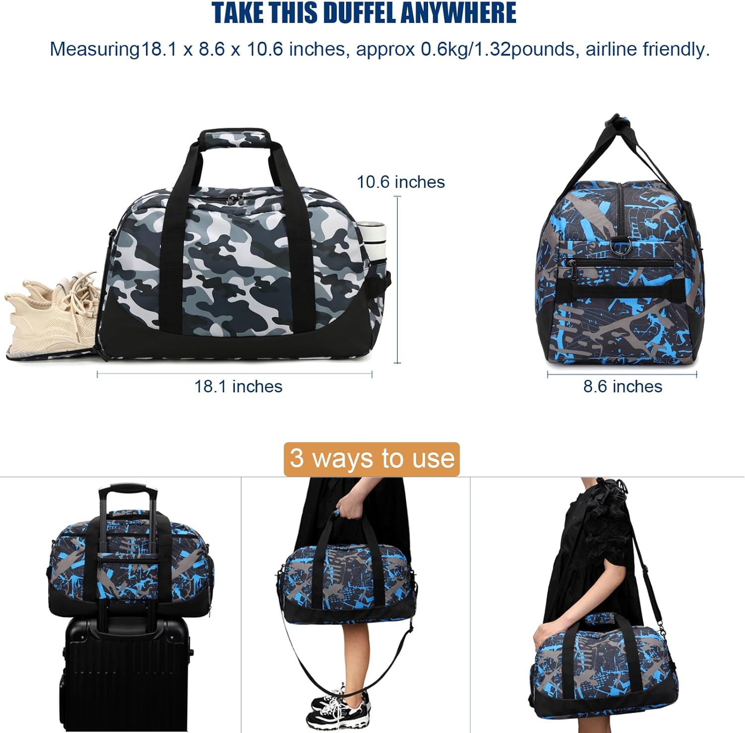 Octsky Overnight Bag Weekender Bag Sports Gym Travel Duffel Bag with Shoe Compartment, Camo Grey - Image 4