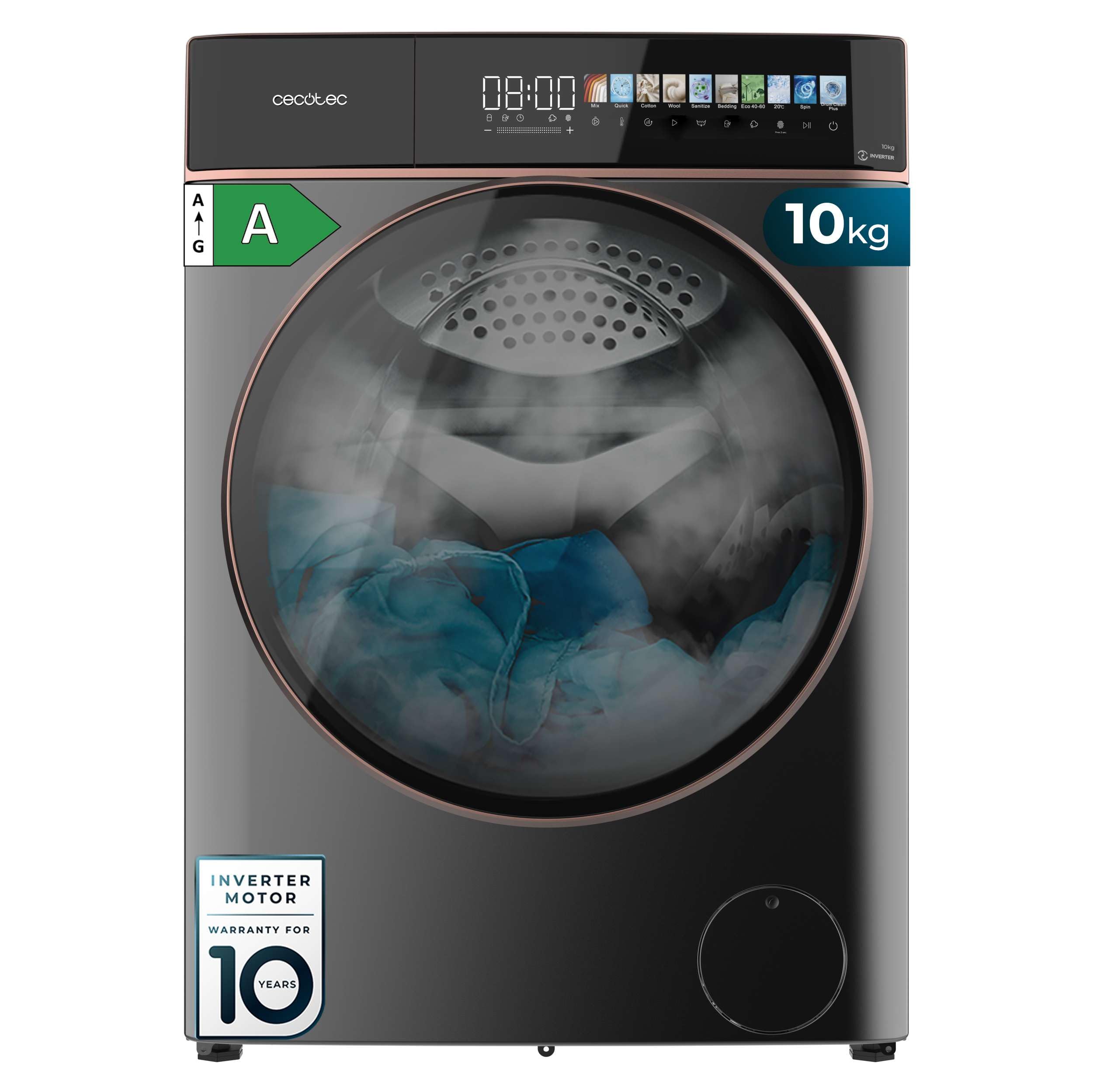 Cecotec Lavadora 10 Kg Carga Frontal Bolero DressCode 10900 Inverter FullColor Steel A. 1400RPM, Bajo Consumo, Pantalla FullColor 10,3", 11 Programas, Motor Inverter Plus, Limpieza Vapor Etiqueta Energética