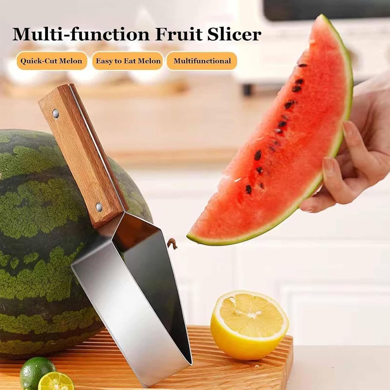Triangle Watermelon Cutter, Stainless Steel Watermelon Slicer, Stainless Steel with Wooden Handle for A Wide Variety Watermelon, Cantaloupe, Honeydew, Apples, and More
