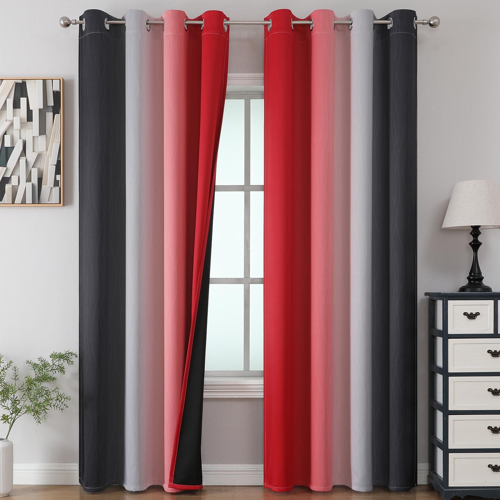 Ombre Red and Black Curtains 96 Inches Long, Total Blackout Curtains for Bedroom, Thermal Insulated Gradient Grommet Drapes, Full Light Blocking