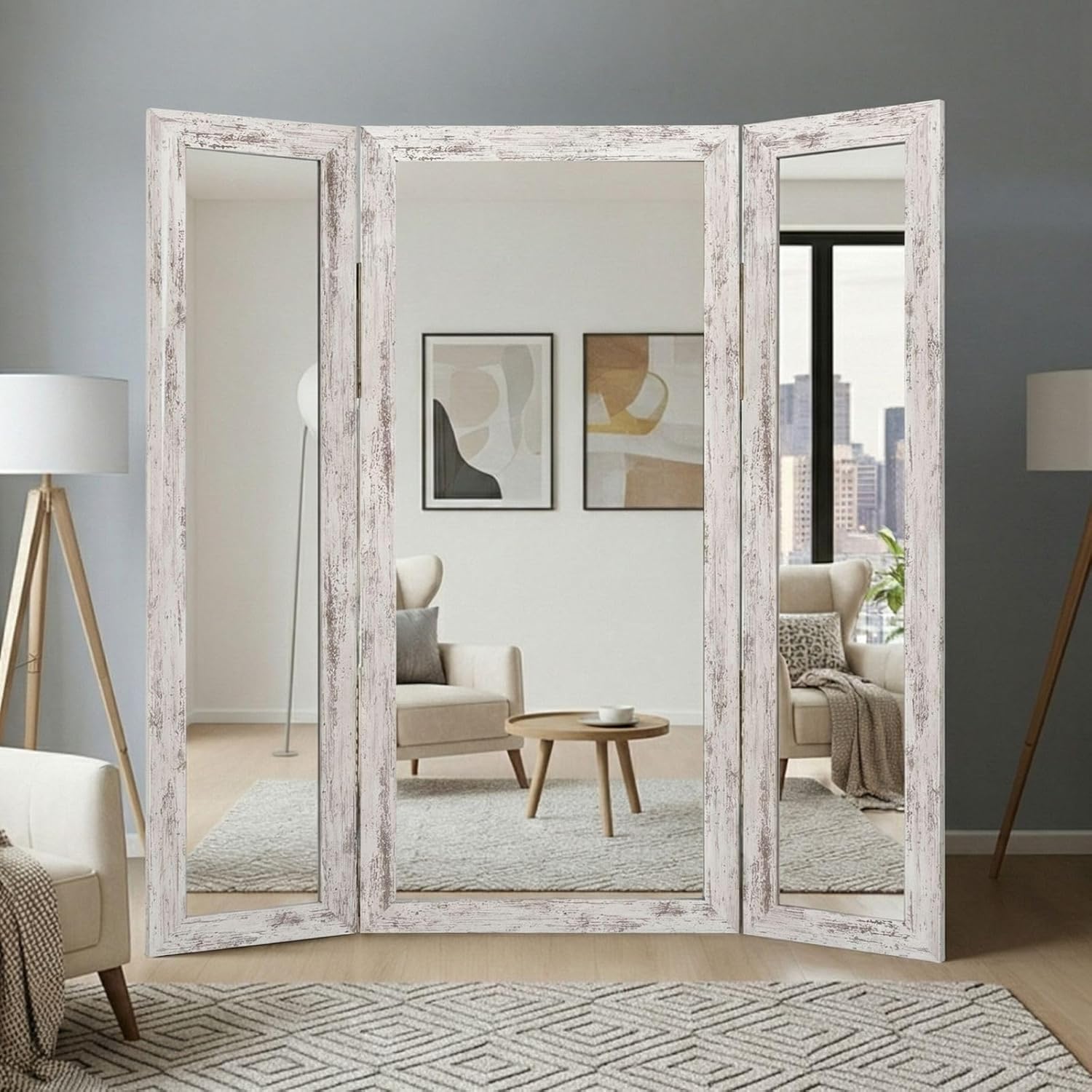 Houseables Trifold Mirror Full Length, 3 Way Mirror, Floor Length, Three Way Folding, Standing, Full Body, Wood Framed, 3 Sided for Bedroom, Makeup, Oversized, Foldable, White, 71 x 32 to 65 Inch