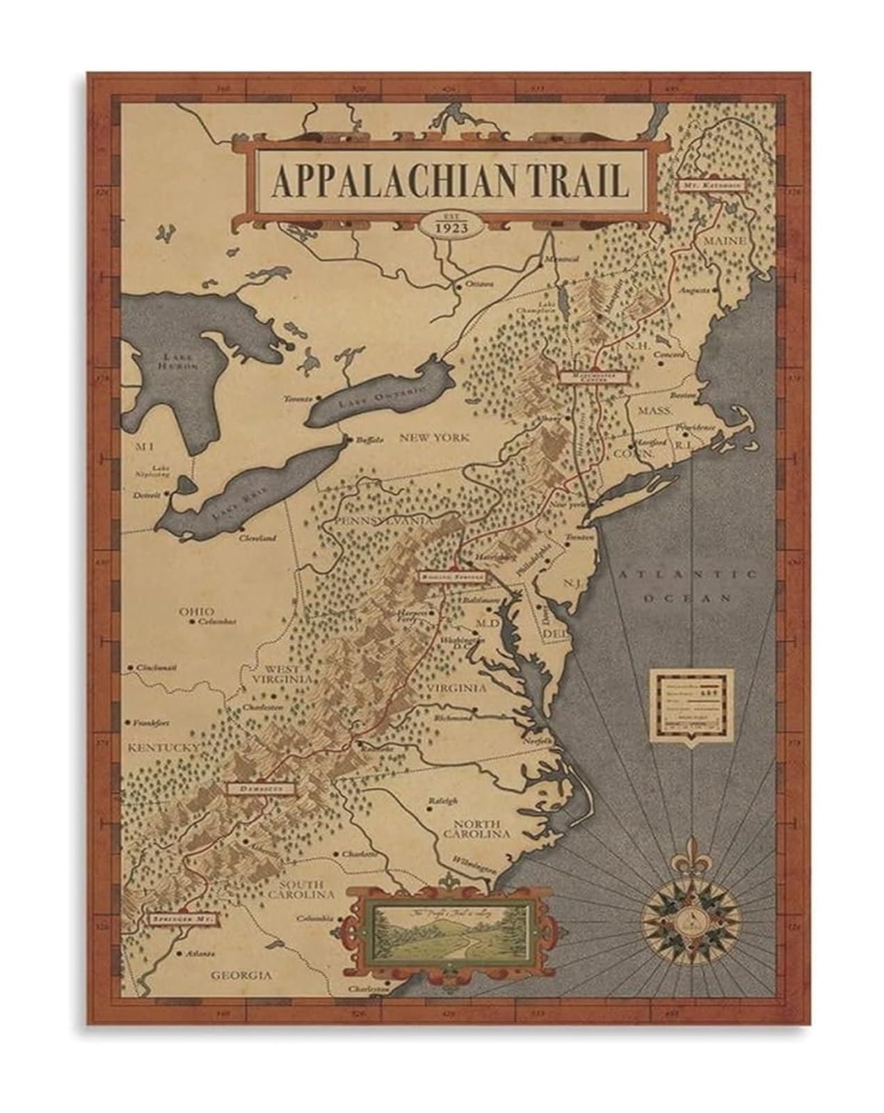 Gyqyjpfzm Unframed National Scenic Trail Map Poster Appalachian Hiking Route Wall-Art For Man Cave Dorm Decor(,16X24inch(40X60cm))