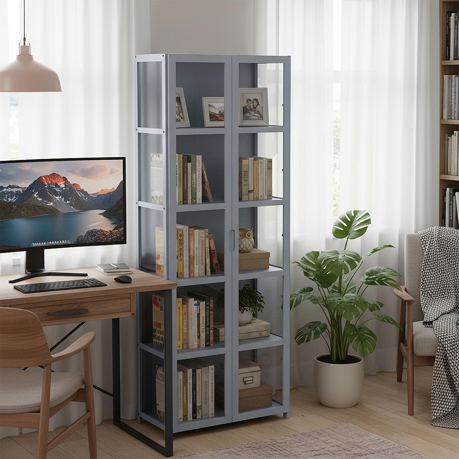 Magshion Display Cabinet with Acrylic Doors, 5-Tier Curio Cabinet, Clear Display Case for Collectibles, Corner Display Shelves for Living Room, Office, Gray