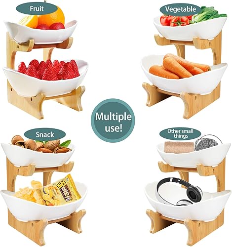 Miniatura 5 de SEVEN SPARTA Frutero de 3 niveles para encimera de cocina (serie PLUS), cuencos de cerámica con soporte de bambú, cesta de frutas escalonada de gran