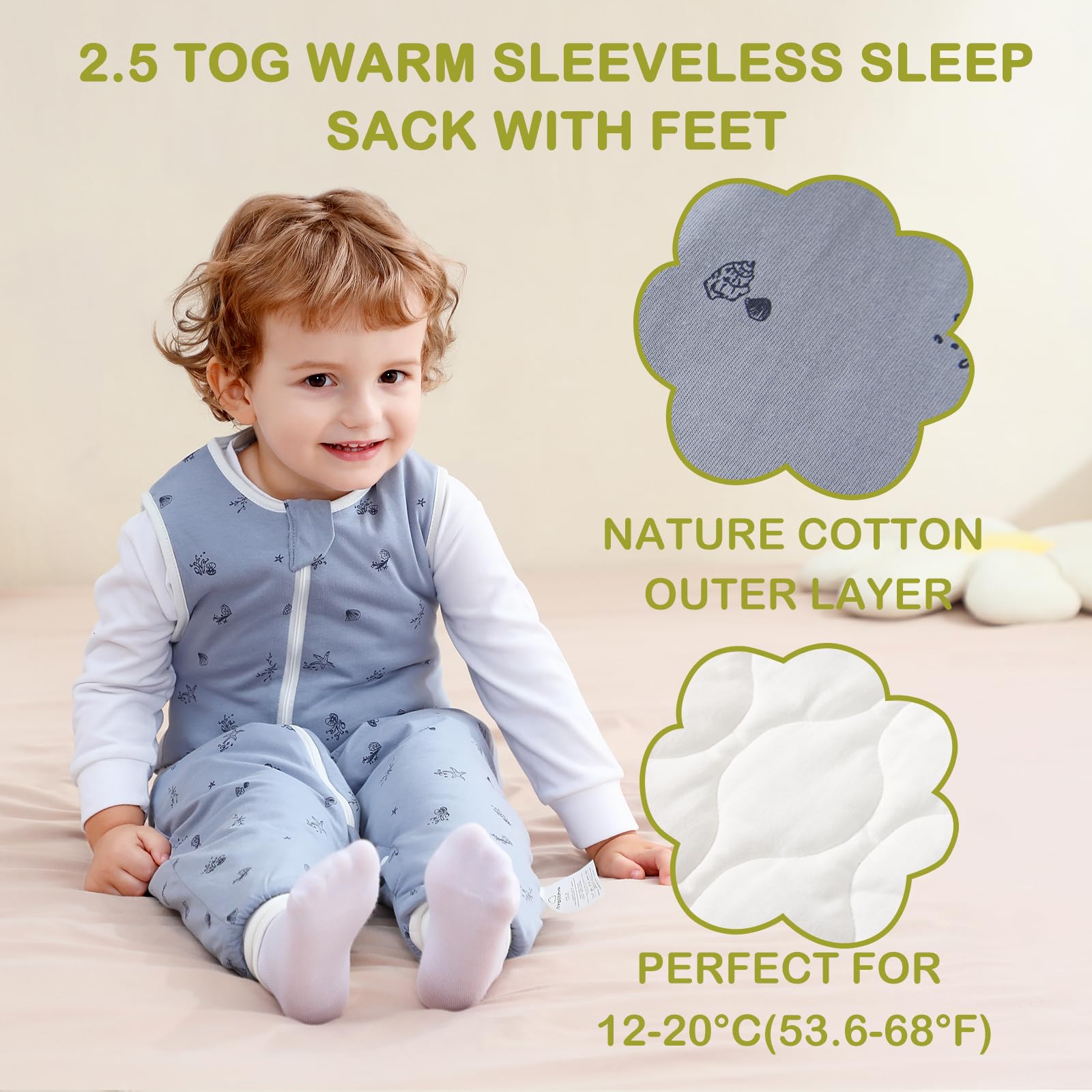 Nivolltha 100% Cotton Soft Winter Baby Sleeping Bag with Feet 2.5 TOG, Comfy Warm Toddler Sleep Sack with Feet, Ocean, Size S - Image 2