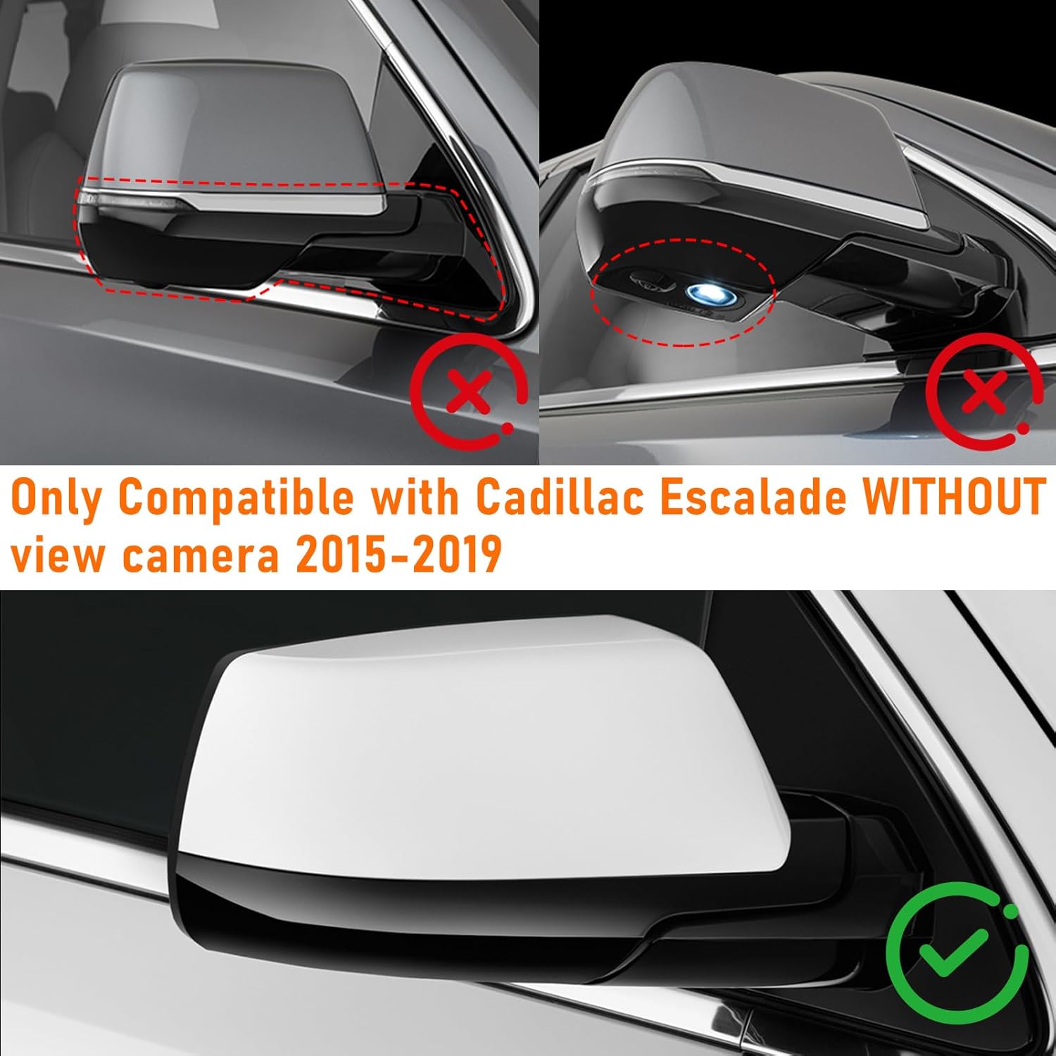 Moonlinks Compatible with Chevy Tahoe/Suburban GMC Yukon/Yukon XL 2015-2020 Mirror Cover , White Left & Right Side Clip-on Mirror Cap WITHOUT Turn Signal for Cadillac Escalade 2015-2019
