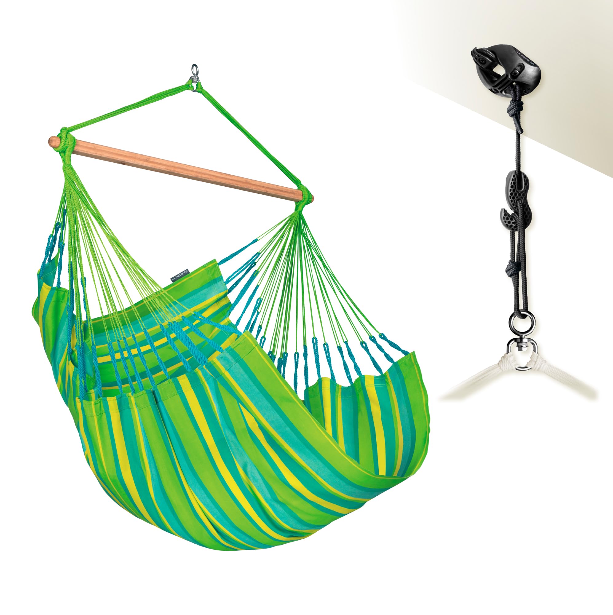 LA SIESTA® - XL King Domingo Hammock Swing Chair &amp; CasaMount - Weather &amp; Tear Resistant Hanging Chair - Outdoor Indoor Hammock Chair w/Suspension Kit for Walls Ceilings Square Beams - Lime