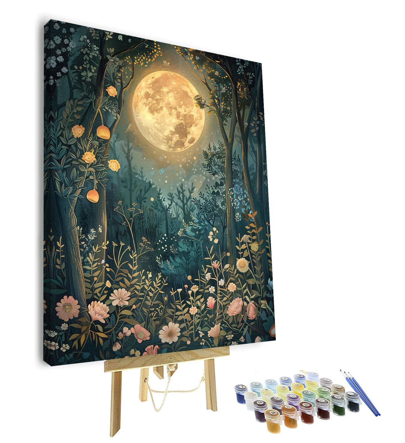 TISHIRON Malen nach Zahlen Erwachsene Kit - Mondlicht Wald mit Blumenlandschaft Motiv, Romantische Nachtlandschaft DIY Malen für Erwachsene - 40x50 cm(Gerahmt)