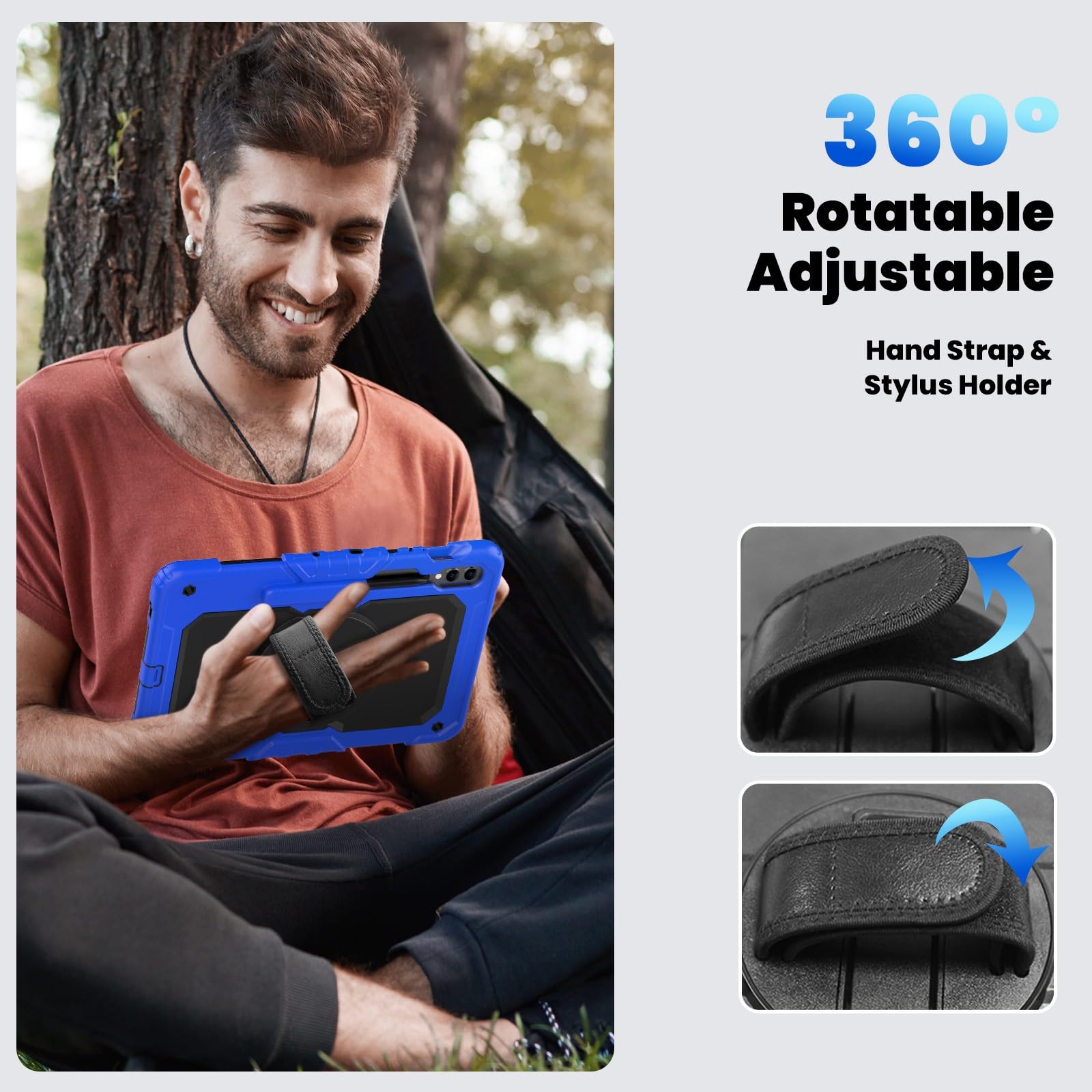 Kompatybilny z Samsung Galaxy Tab S10 Plus 12,4" 2024 SM-X820 Wytrzymały, odporny na wstrząsy futerał TPU, osłona ochronna zabezpieczeniem ekranu Obrotowa podpórka 360° + pasek rękę + ramię(Blu)