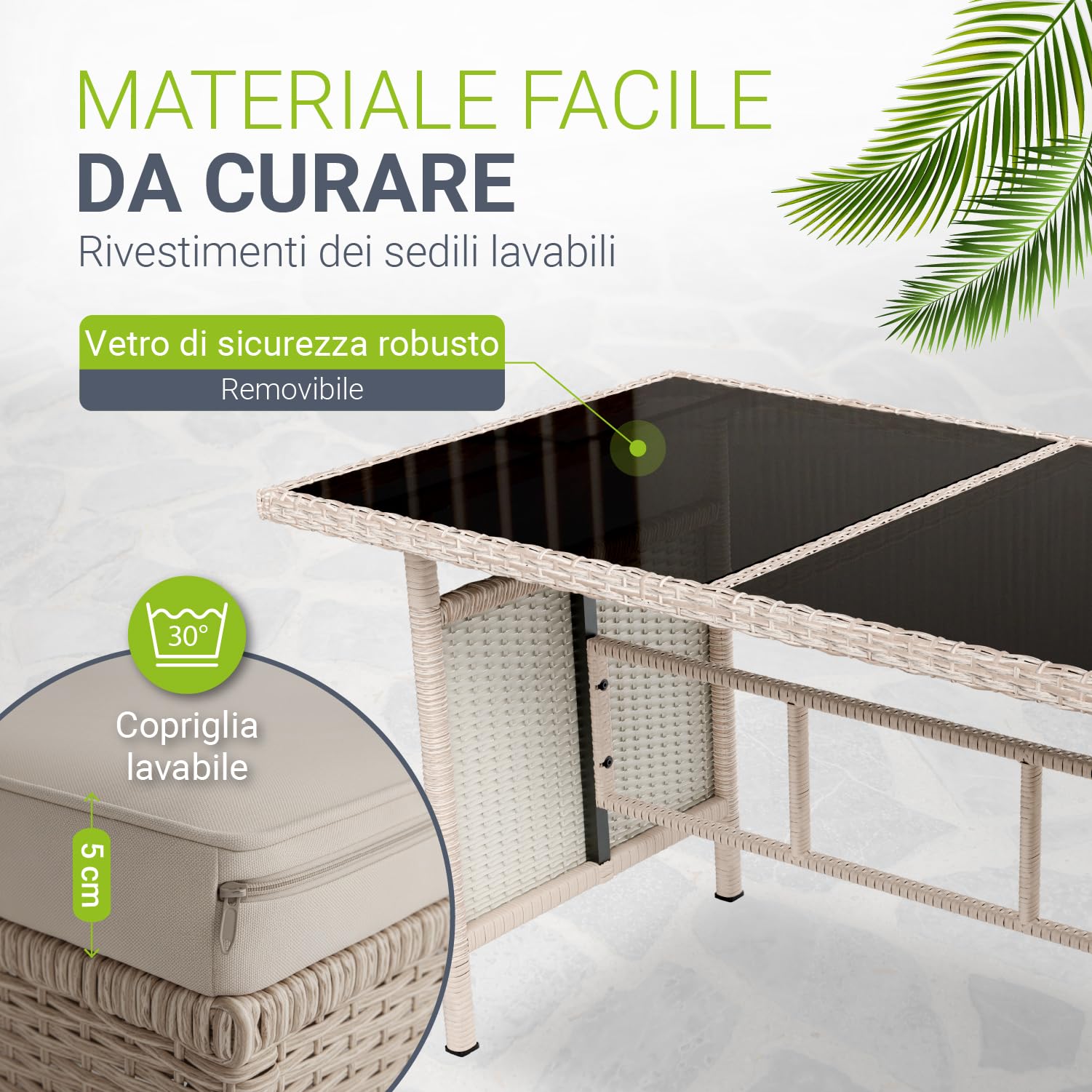 Juskys® Salotto da giardino Manacor in rattan sintetico con divano modulare, tavolo pranzo, sgabelli + cuscini crema/sabbia arredo esterno durevole 7 persone