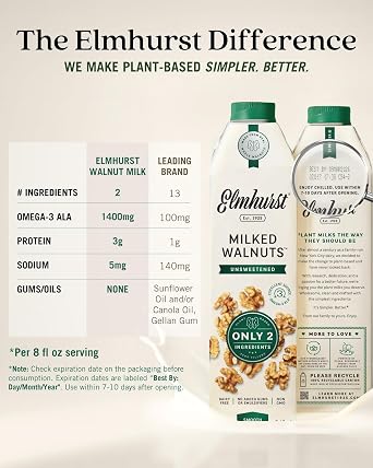 Elmhurst 1925 Unsweetened Walnut Milk - 32 Ounce (Pack of 6), Vegan | Dairy-Free, Gluten-Free, Kosher, Shelf Stable Milk Made with Water & Walnuts for Simpler Plant-Based Alternatives