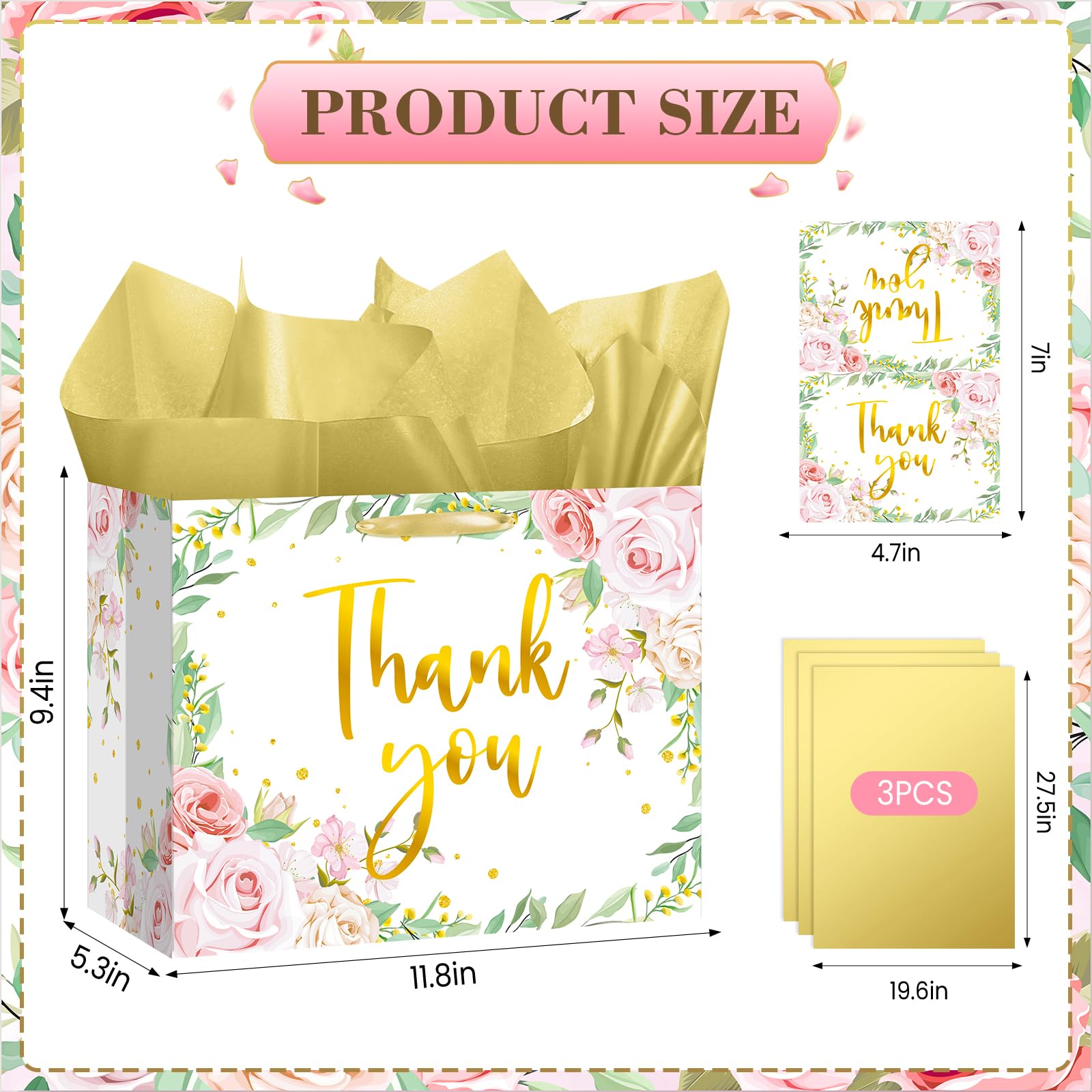 We Appreciate You Gift Bag Floral Thank You Gift Bag with Tissue Paper Greeting Card Appreciation Gifts Wrapping Paper with Handle for Business Retirement Wedding Teacher Birthday Party Supplies