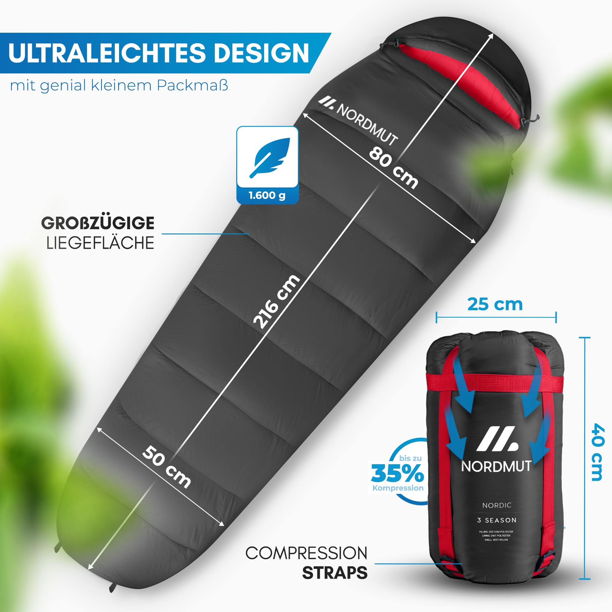 NORDMUT® Schlafsack Erwachsene – kleines Packmaß & Ultraleicht (900/1500g) – 3-Jahreszeiten (250 GSM) & Sommerschlafsack (100 GSM) – Mumienschlafsack für Camping, Outdoor & Festivals