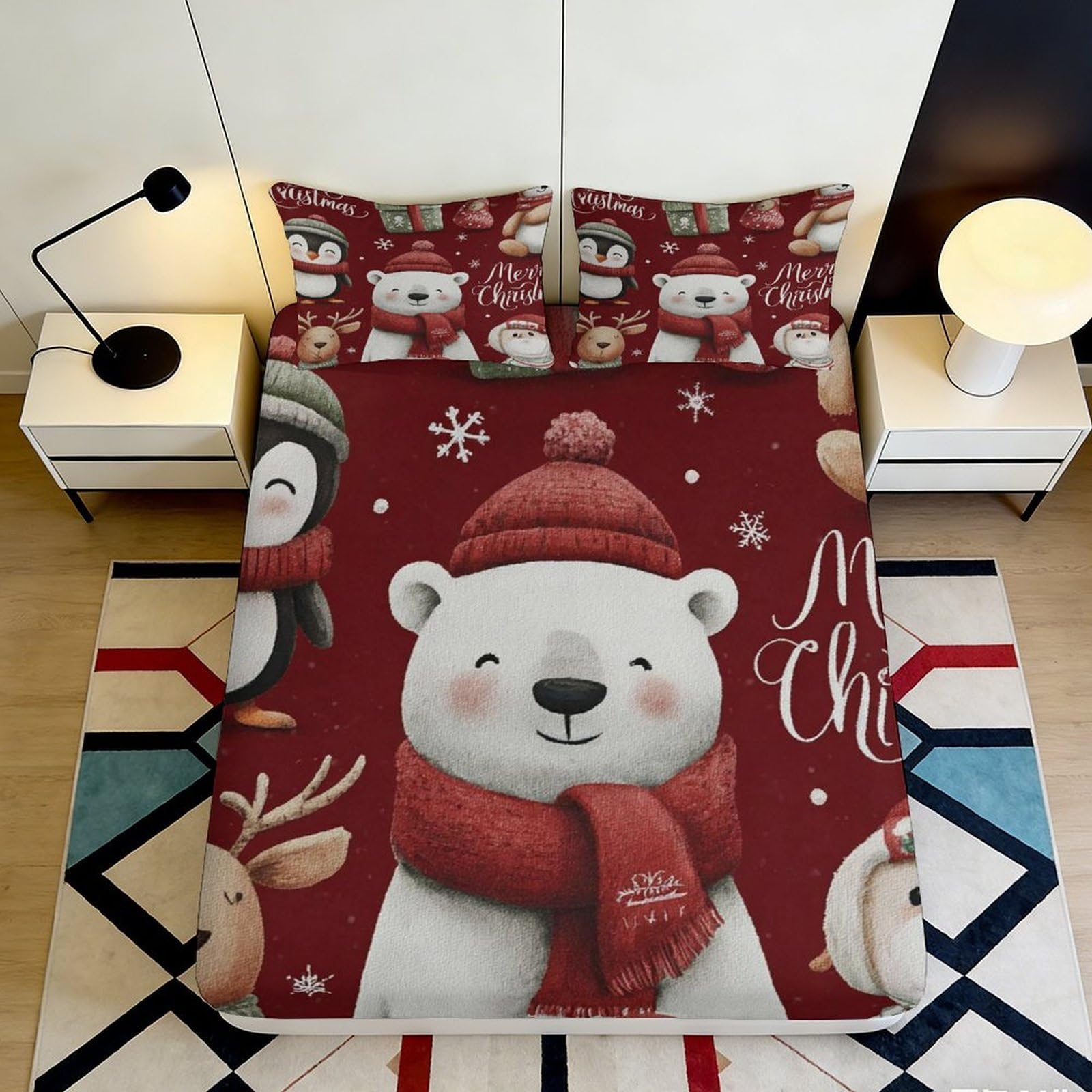 3D Printed Christmas Bear Fitted Sheet Microfiber Soft Red Cartoon Reindeer Mattress Cover for Bedroom Guest Room Decor 90x200x25cm