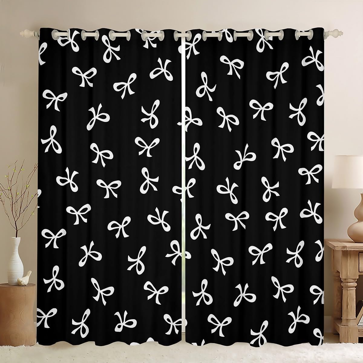 Feelyou Bow Black White Curtains for Bedroom Living Room Cute Kawaii Blackout Shades Ribbon Bow Knot Room Darkening Curtain Princess Bowknot Girly Window Treatments, 2 Panels 42 x 90 Inch Decor