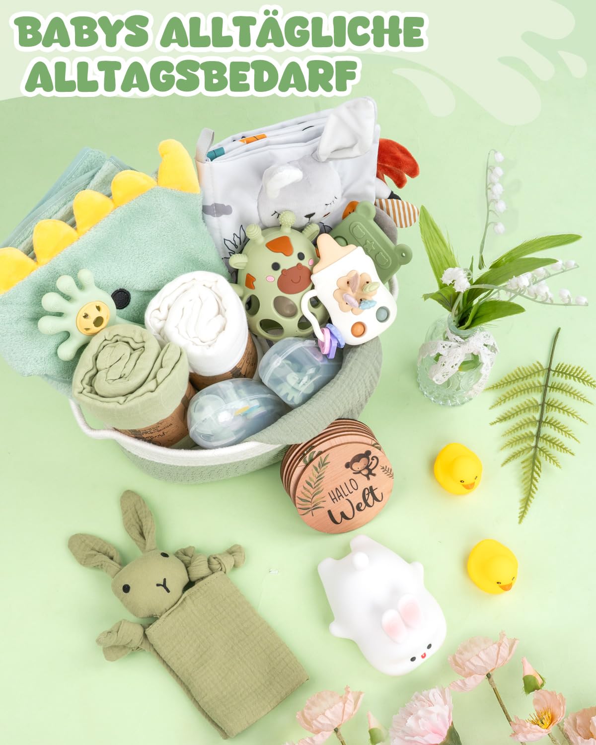 Geschenk zur Geburt, Neugeborenen Geschenk für Jungen & Mädel, Grün | Mit Babydecke, Baby-Nagelfeile, Beikost-Zubehör und Schnuffeltuch.