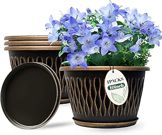 4 Pack 10 Inch Retro Plant Pots, Vintage Striped Flower Pots with Draina...