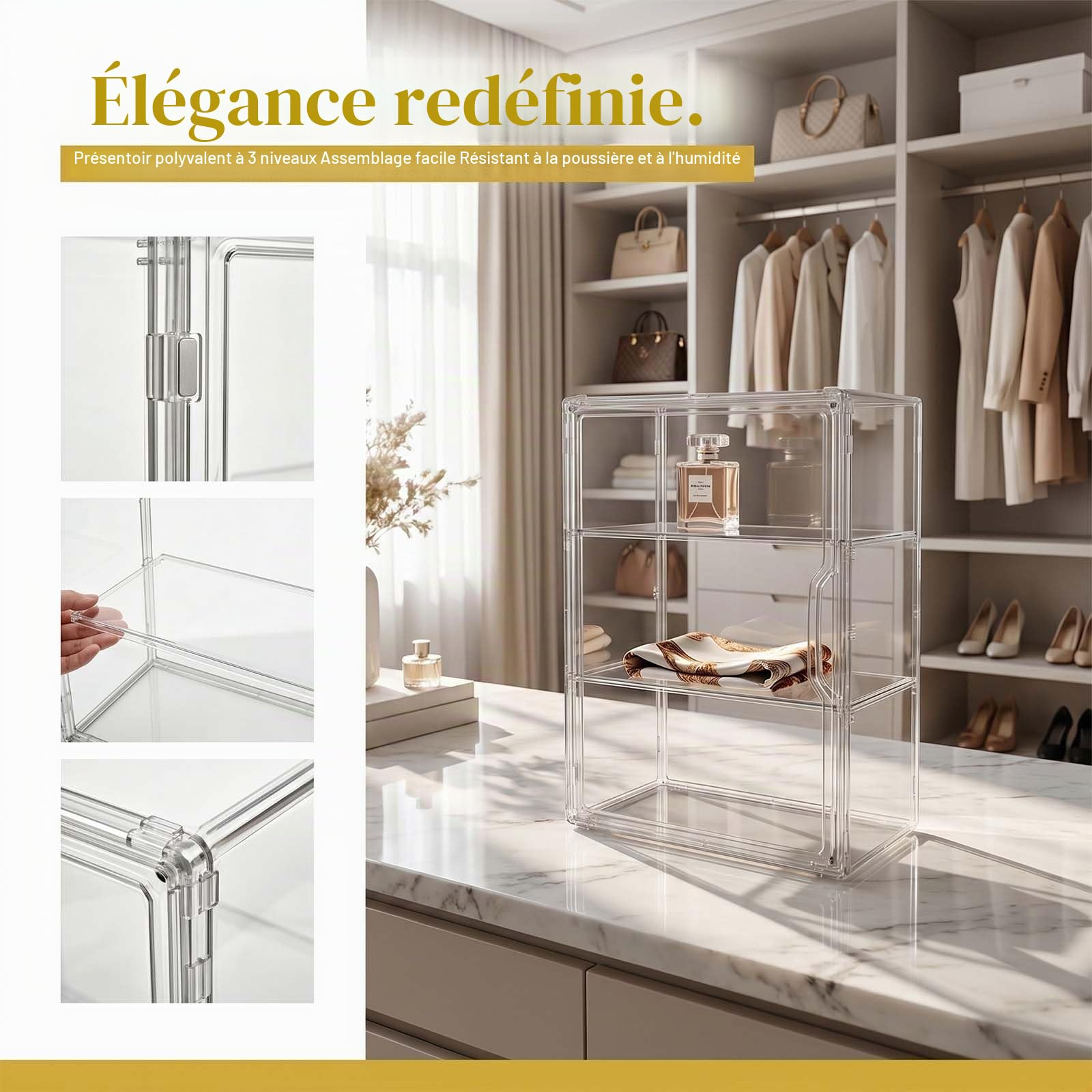 Vitrine Acrylique Empilable à 3 Niveaux avec Porte Magnétique, Boîte de Présentation Transparente pour Figurines, Objets de Collection, Antipoussière et Facile à Monter (36x13x27cm)