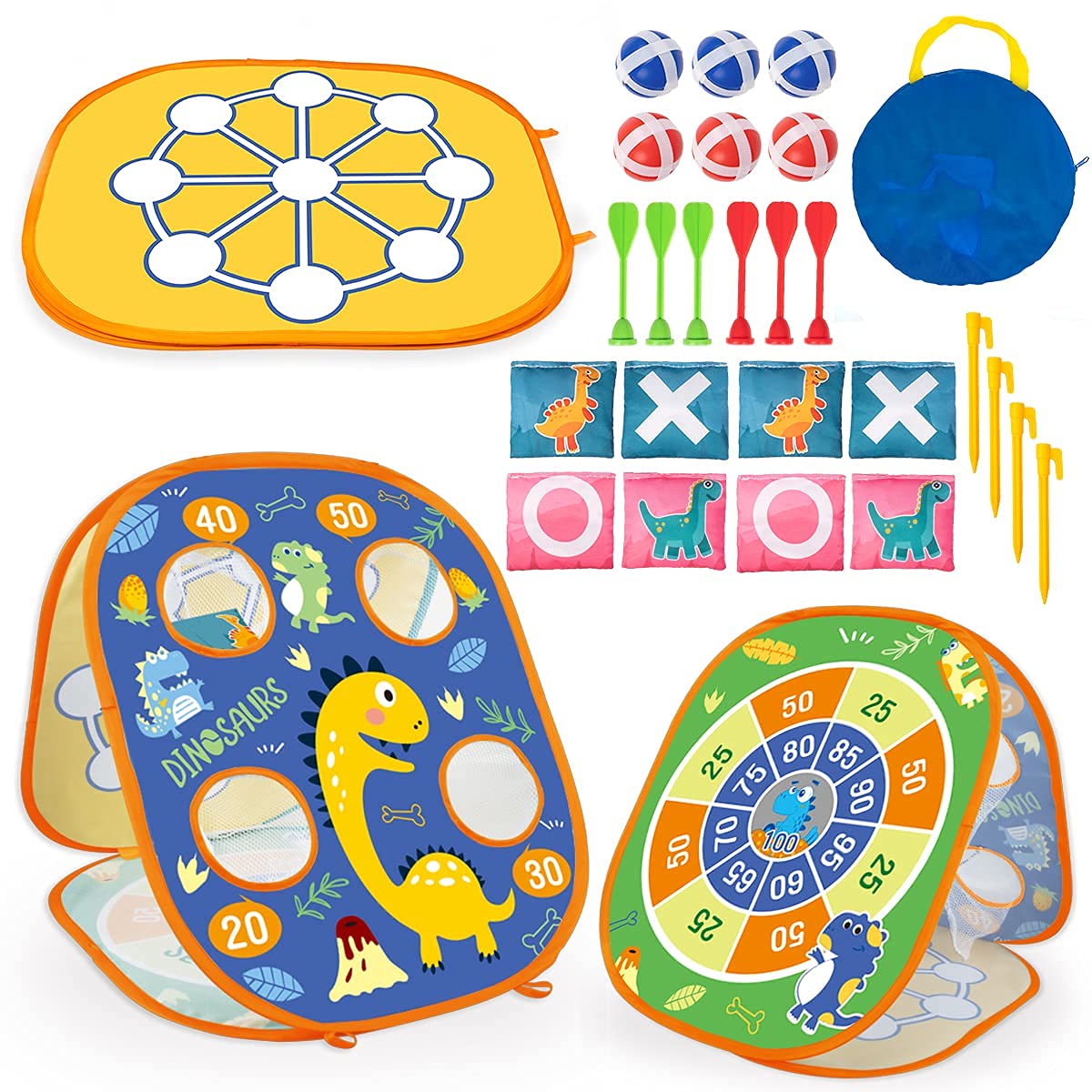 3 in 1 Bean Bag Toss Game Set for Kids, Outside Toys for Kids Toddlers Ages 3-5 4-8 4-7, Collapsible Cornhole and Dart Board with 8 Bean Bags, Dinosaur Themed, Birthday Gift for Boys Girls