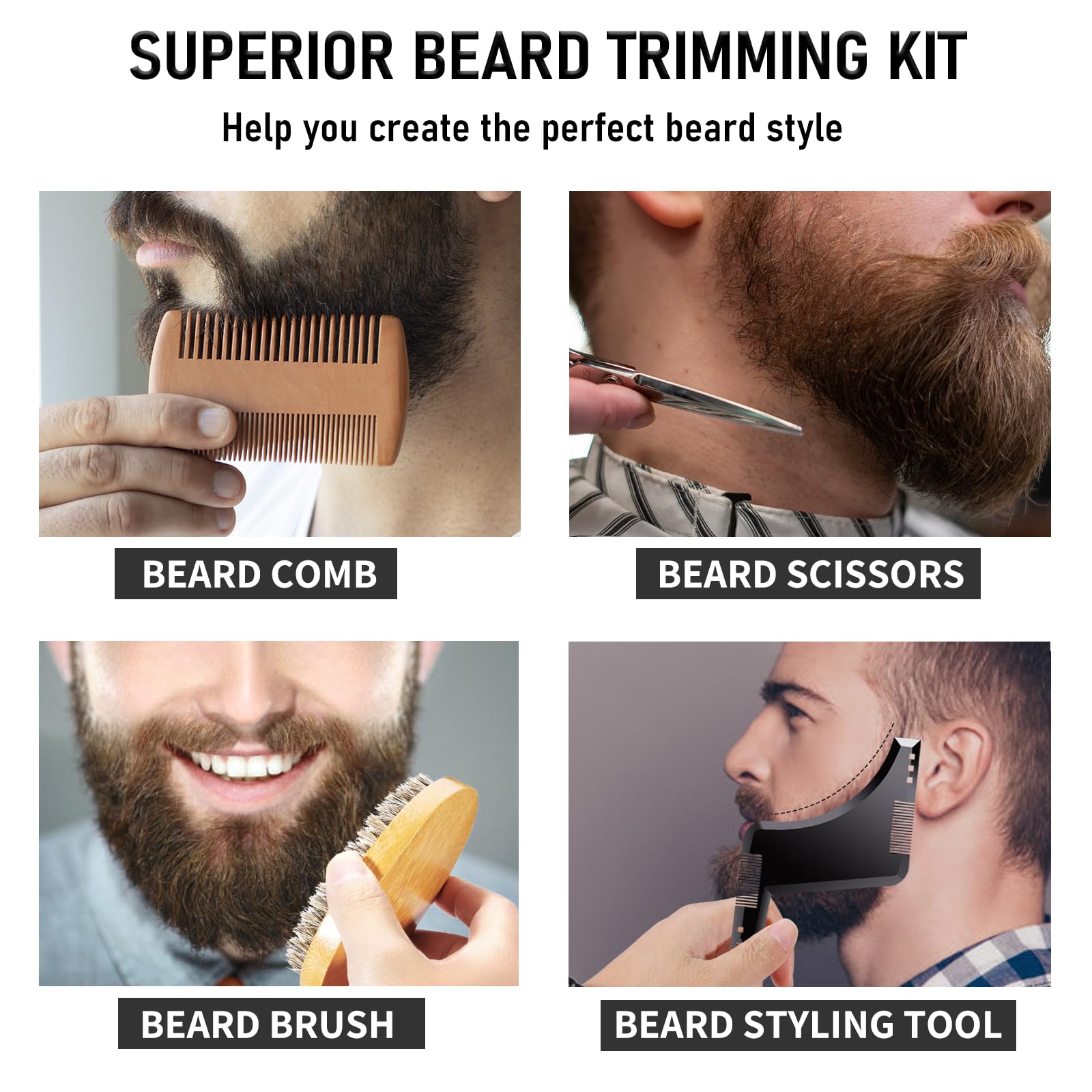 Kit Soins Barbe pour Hommes 11 en 1 Kit Barbe Homme Complet avec Shampoing, Huile, Crèmes de Barbe, Brosse à Barbe, Ciseaux, Rouleau Barbe, Rasoir, Kit Entretien, Coffret Cadeaux - Noir Classique