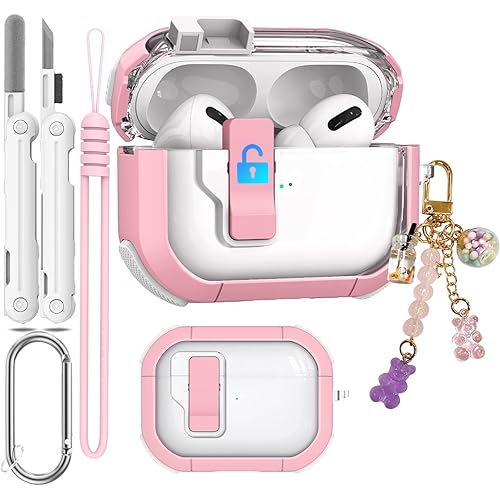 Clear Case for AirPods Pro 2nd/1st Generation Case, Secure Lock Case for Apple Airpod Pro 2&1 Gen Case Cover with Silicone Wrist Strap Cute Candy Keychain for Women,Pink