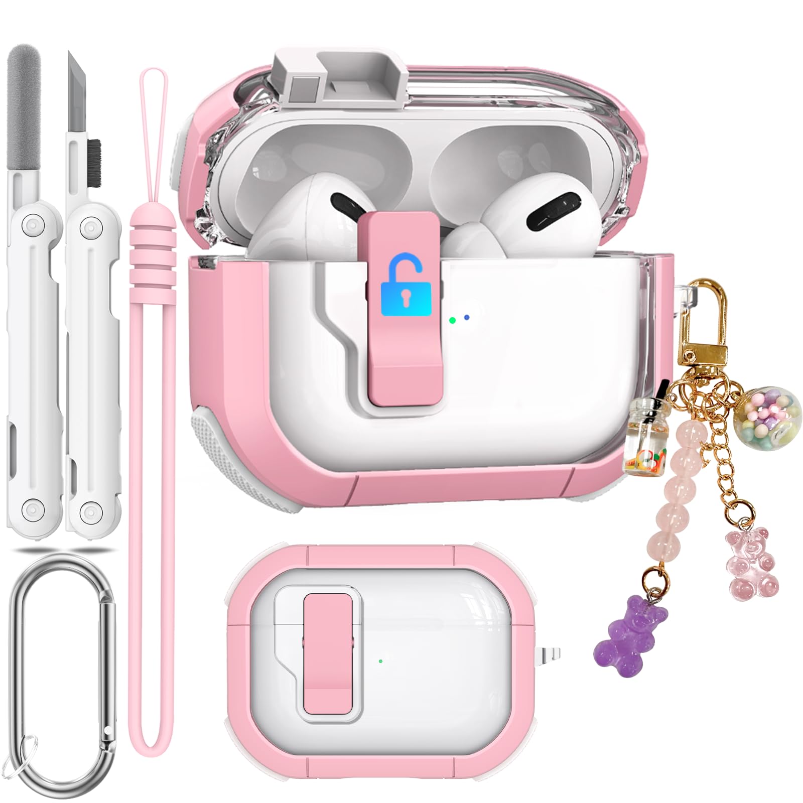 Clear Case for AirPods Pro 2nd/1st Generation Case, Secure Lock Case for Apple Airpod Pro 2&1 Gen Case Cover with Silicone Wrist Strap Cute Candy