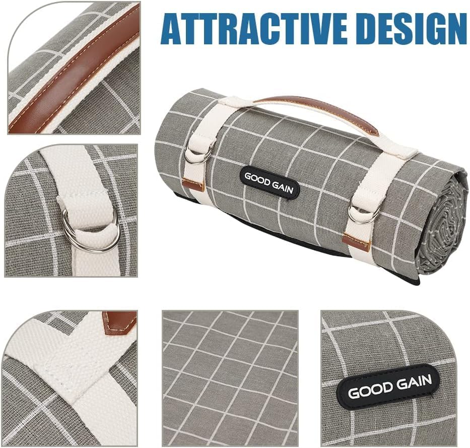 Picnic Outdoor Blankets Waterproof Extra Large - Beach Mat Sand Free Foldable with Carry Strap | Portable Camping Blanket | Park Blanket for Grass Park, Hiking, Travel, Concerts, Indoor (Grey Check) - Image 7