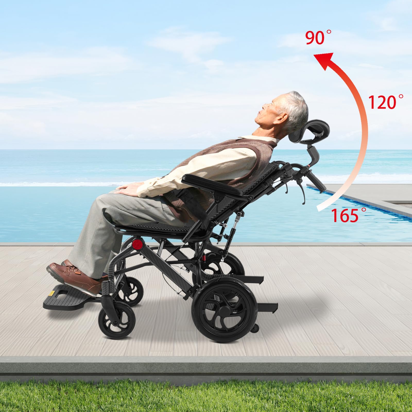 Silla de ruedas reclinable ligera con respaldo ajustable de 90° a 175°, plegable de aluminio, para personas mayores y adultos de hasta 130 kg, compacta y portátil
