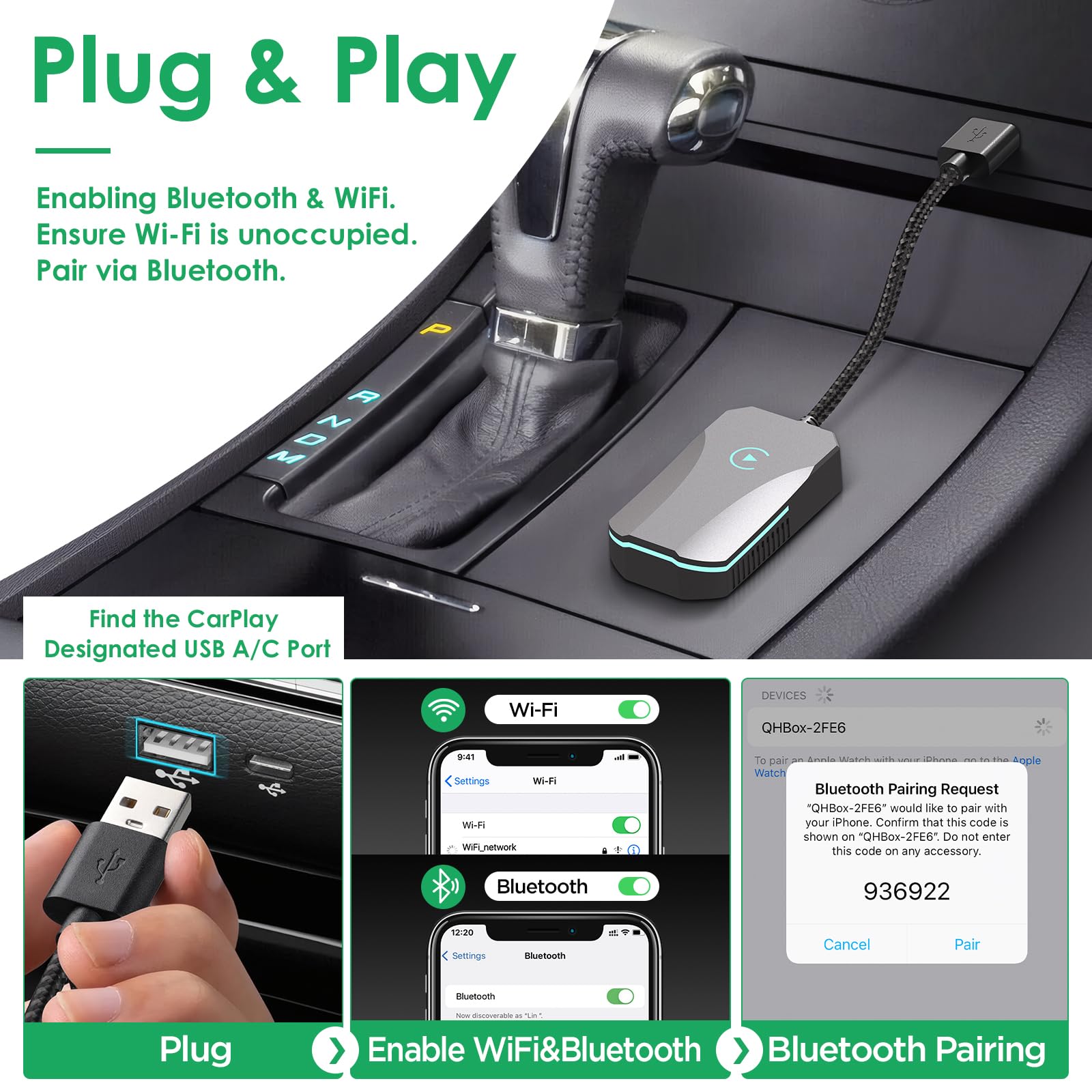 Adattatore Wireless CarPlay Per IOS, Compatibile Con Auto Con CarPlay Cablato, Connessione Automatica A 5GHz, Per IOS 12+ E Android 11+, Compatto E Plug-and-play