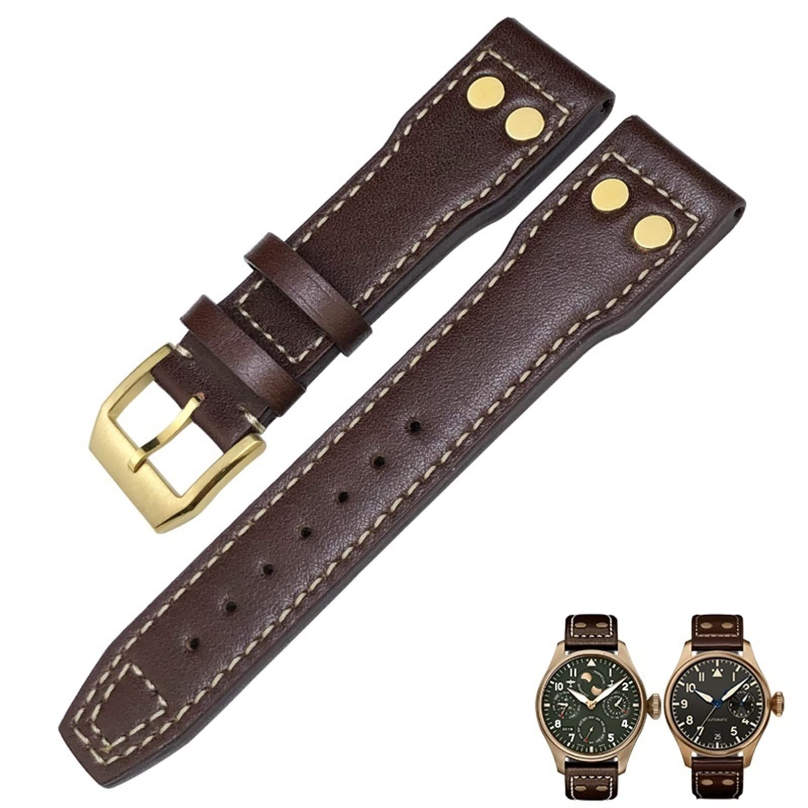 EPANO Correa de reloj de cuero genuino con remaches de bronce de 20 mm, 21 mm, 22 mm, compatible con IWC Bronze Big Pilots Mark 18 Spitfire, 22mm, Agate