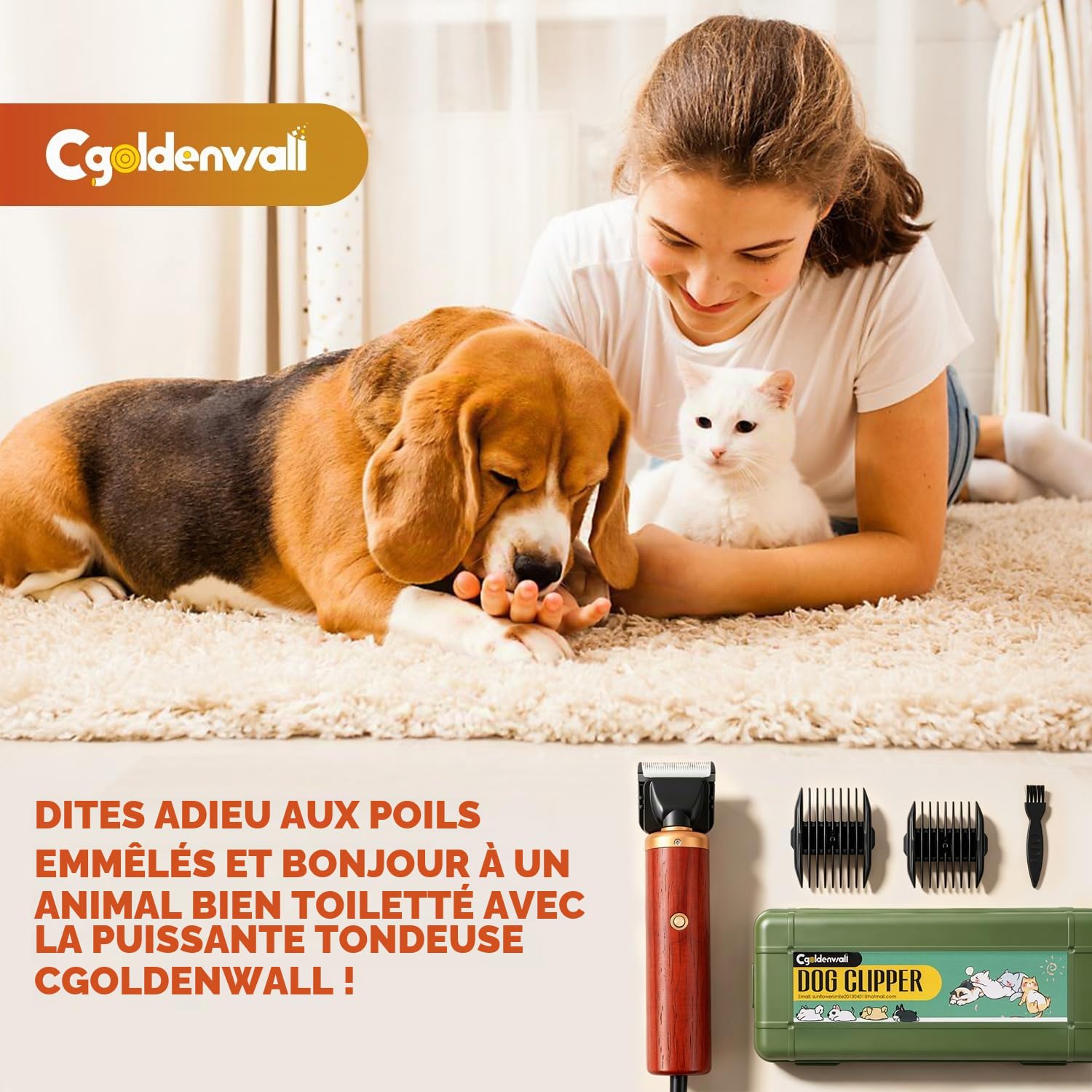 CGOLDENWALL Tondeuse Chien 55W, Bruit Bas, Cordon 3m, Chiens Chats | Professionnelle, <50dB, 2 Peignes (3/6mm, 9/12mm), Tous Pelages, Cable 3m