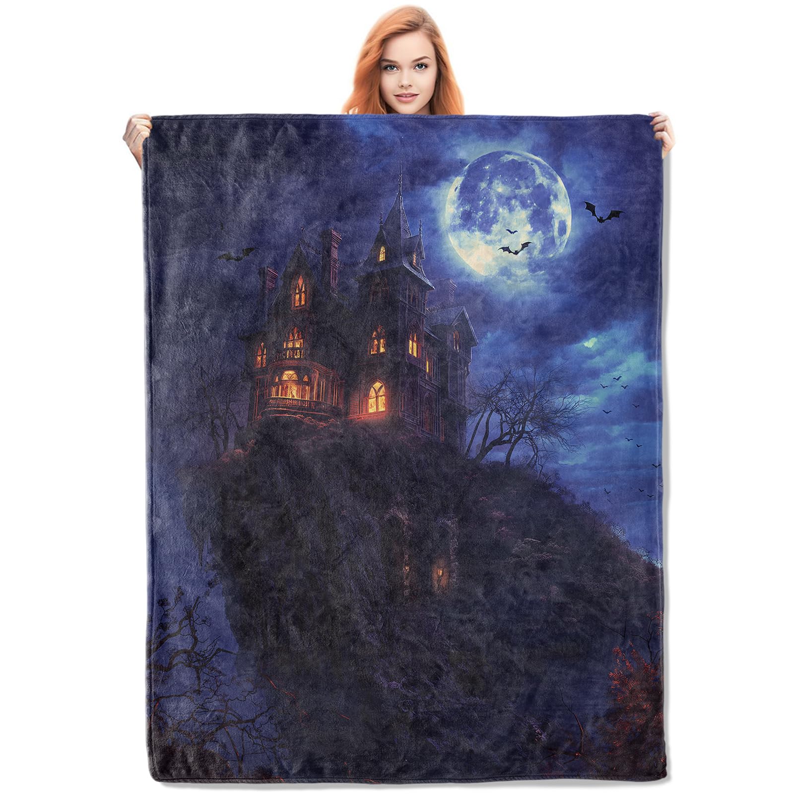 Couverture polaire gothique contre le froid nocturne, plaid Halloween doux bleu et orange