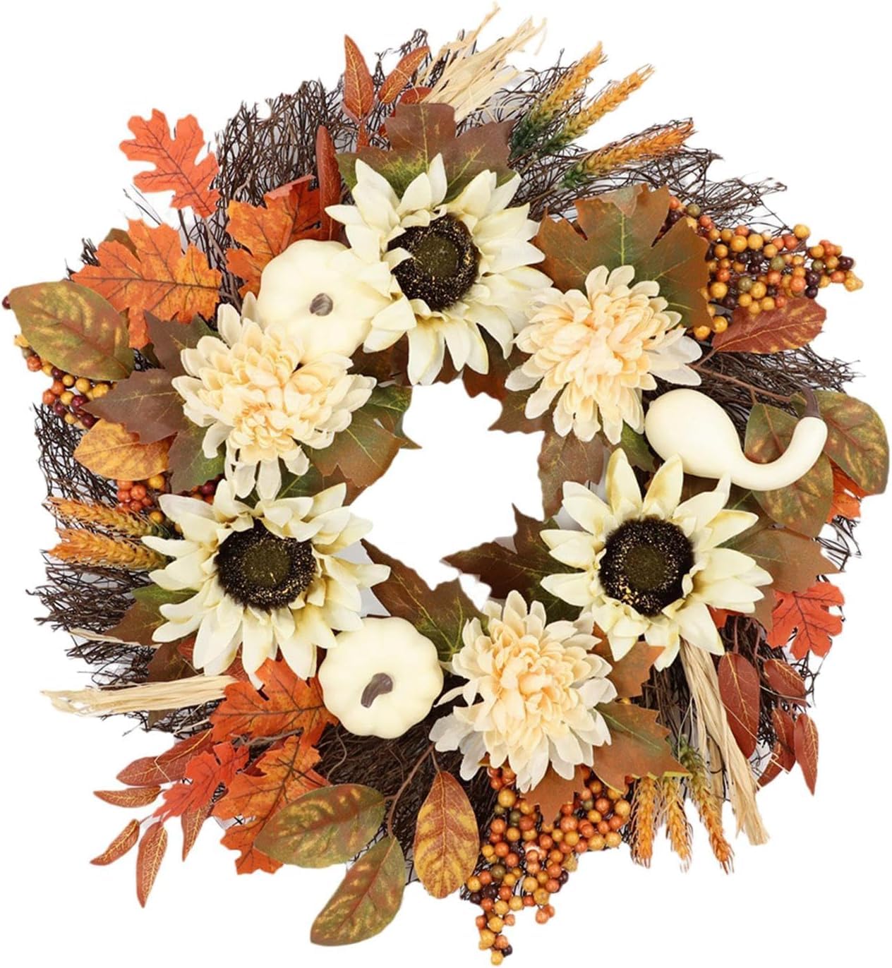 AGAATI Türkranz, Herbstkränze für die Haustür, Herbstkürbiskranz, Türkranz für die Vordertür, kreativer Sonnenblumen-Erntedankkranz, 60 cm (Größe: 60 cm) (60 cm)