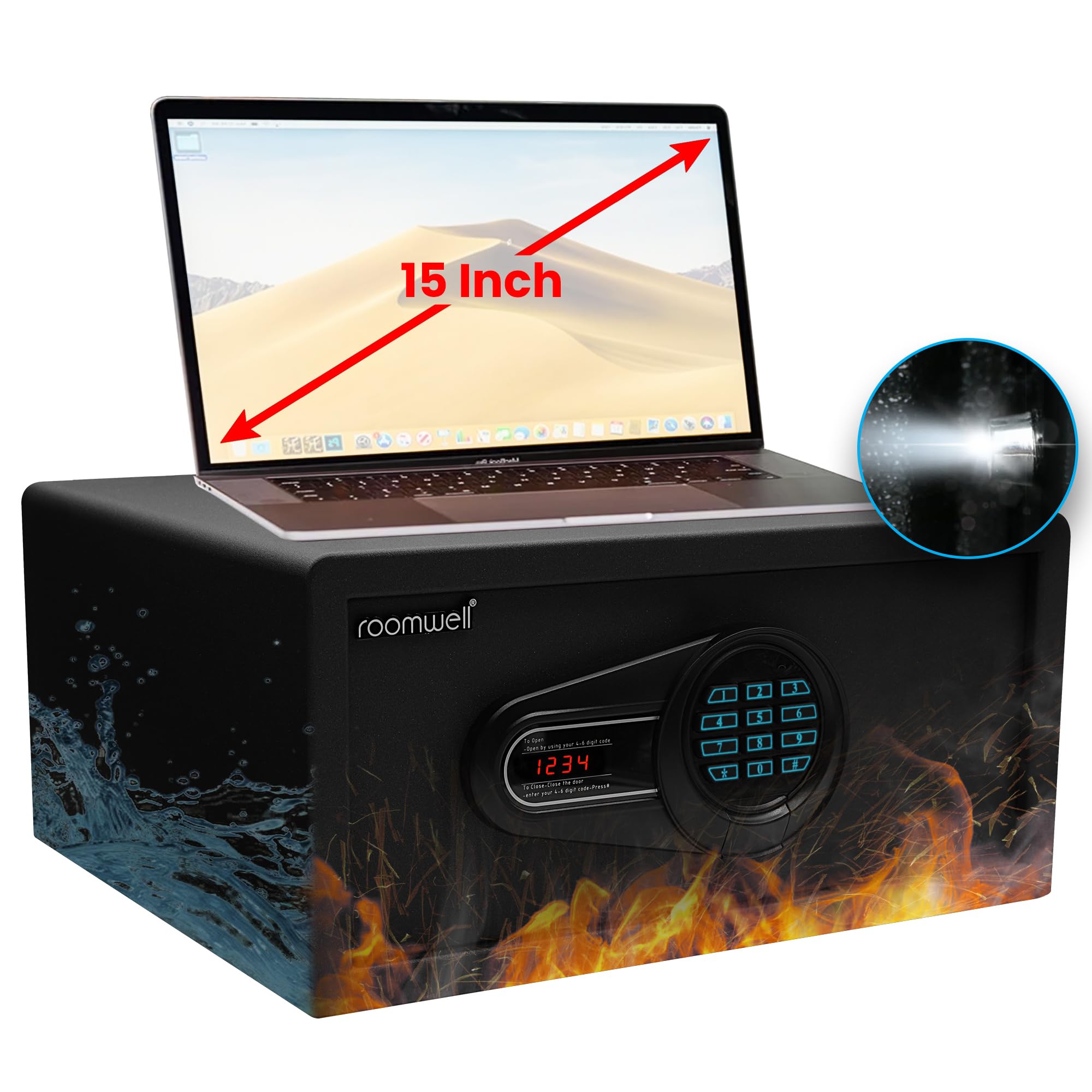 roomwellUK Premium Hotel Safe Box Large 15" Safety Box with Digital Lock and Key Security Safe for Home Hotel office Business - H 19.5 x W 43 x D 37 CM, Sandy Dark Grey