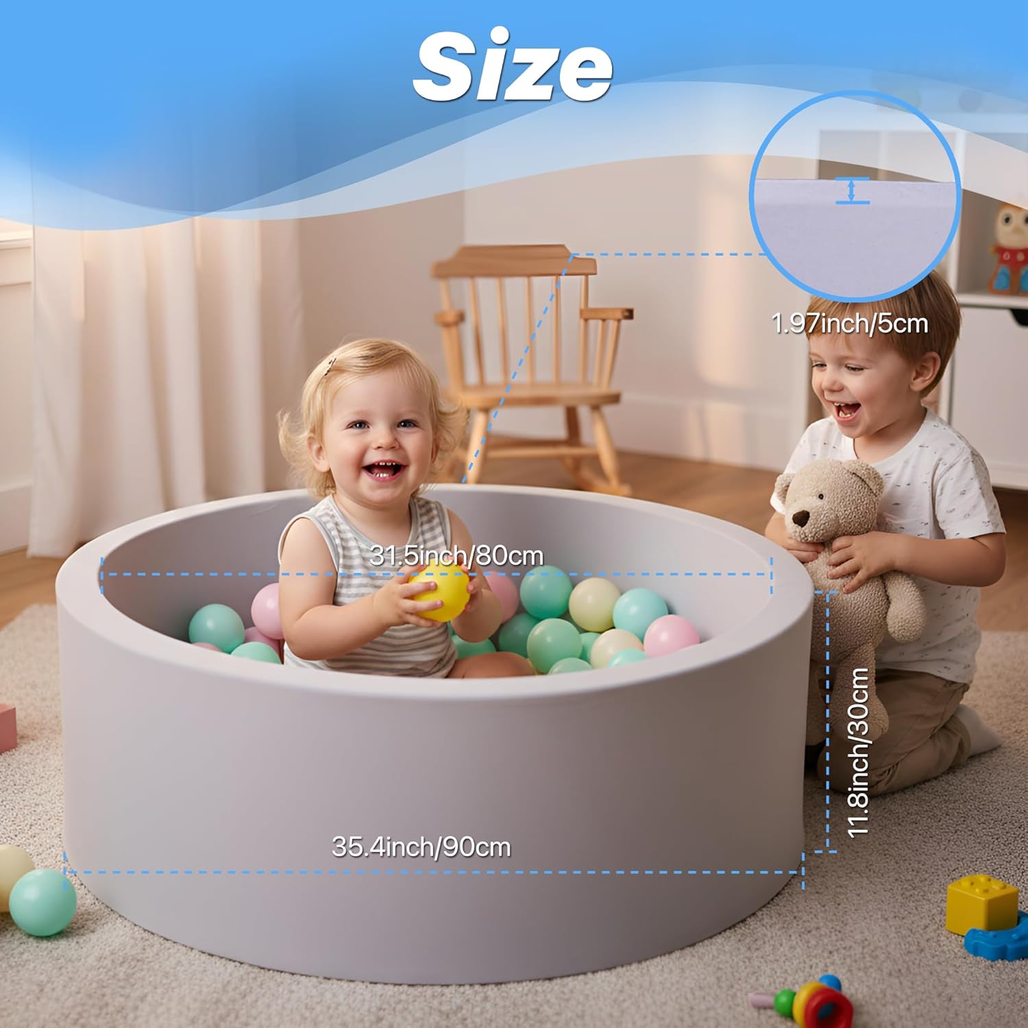 Foam Baby Ball Pit, 35.4" x 11.8" Ball Pits for Toddlers, Soft Round Baby Playpen Ball Pool for Kids, Memory Foam, Ideal Gift for Babies Indoor and Outdoor Game, Grey (Balls Not Included)