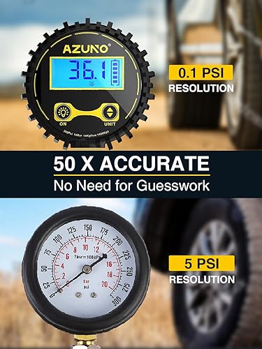 Miniatura 3 de AZUNO Inflador digital de neumáticos con medidor de presión, 200 PSI, accesorios de compresor de aire resistente, con bloqueo de manguera de goma en