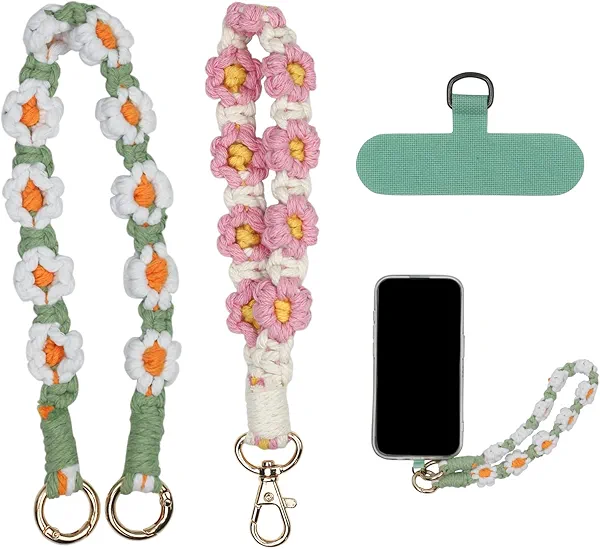 2PCS Handmade Crochet Keychain & Phone Wrist Strap Boho Flower Wristlet Keychain Car Key Wrist Lanyard Chain Phone Detachable Crochet Lanyard Bracelet Anti Theft Cute Gifts for Women Girl