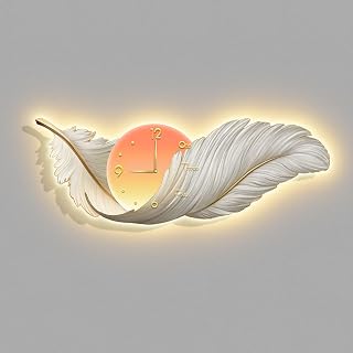 Feather Clock Decorative Painting 3D LED Wall Sculpture Painting for Living Room Entrance Corridor Decorative Walls Mounted Lamp(Style B,120 * 40cm)