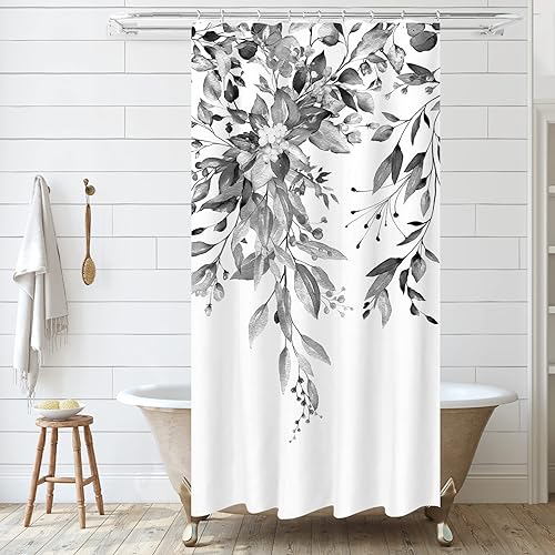 Vista 302 de Tititex - Juego de cortinas de ducha de eucalipto verde oliva, hojas de acuarela en la parte superior con decoración floral de baño, 60 x 72 Hojas