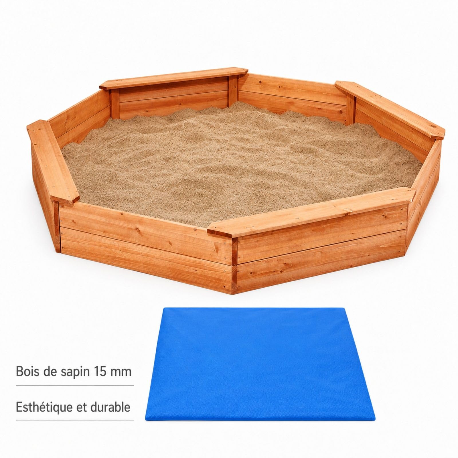 Achteckiger Sandkasten aus Holz mit Abdeckung und 4 Sitzplätzen für Garten und Außenbereich