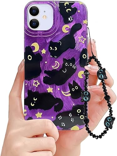 Miniatura 8 de Fycyko Funda de teléfono para iPhone 11 con patrón de gato lindo, estética, genial y femenina con correa de encantos de teléfono y cadena, funda