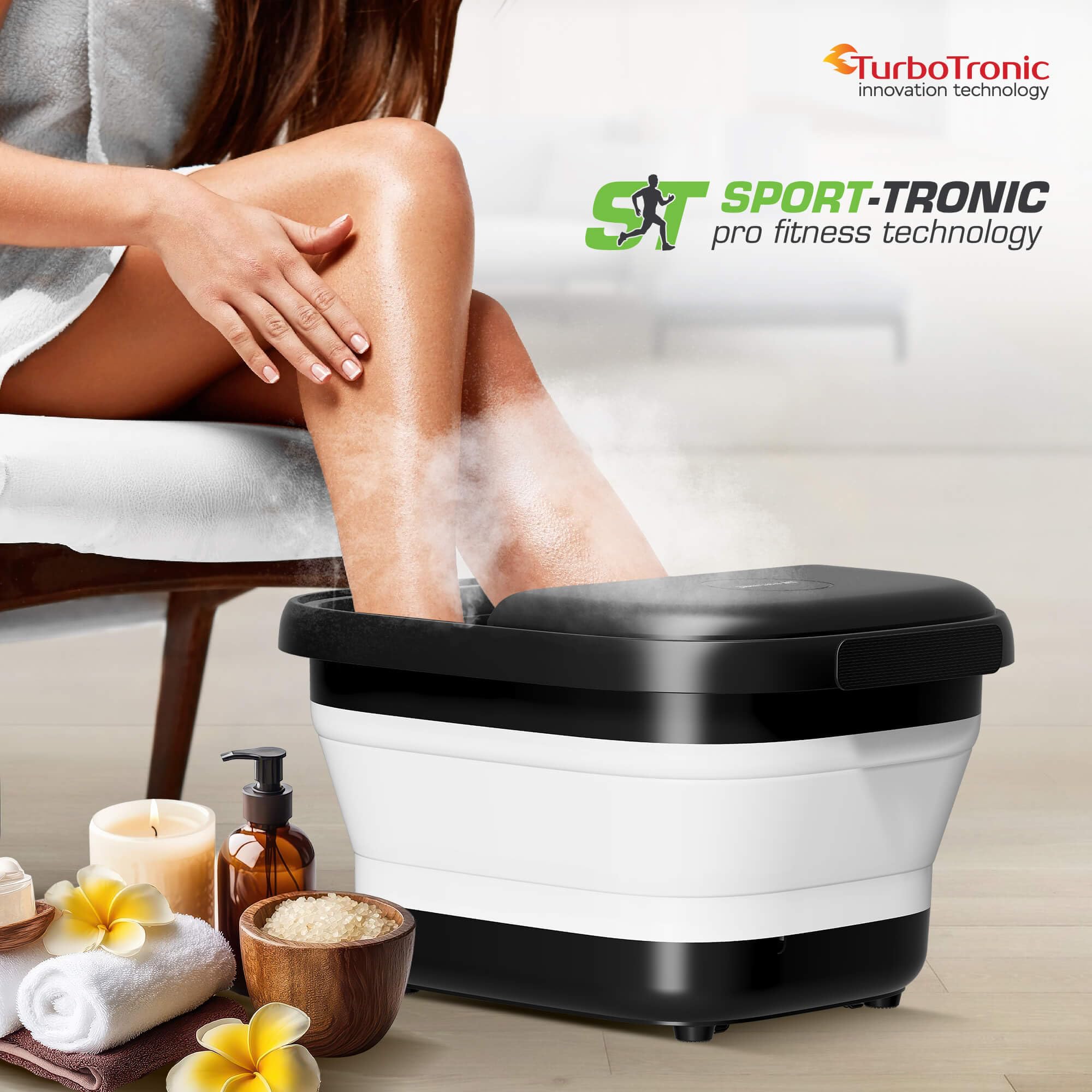 SportTronic Fußmassagegerät mit Whirlpool & Wärme – faltbar, 6 Massagerollen, 20 Shiatsu-Düsen, Sprudelfunktion, Pediküre, beheiztes Fußbad